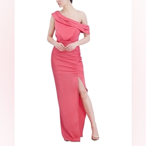 BCBGMAXAZRIA Asymmetric Neck Ruffle Front Maxi Dress - Picture 2 of 5